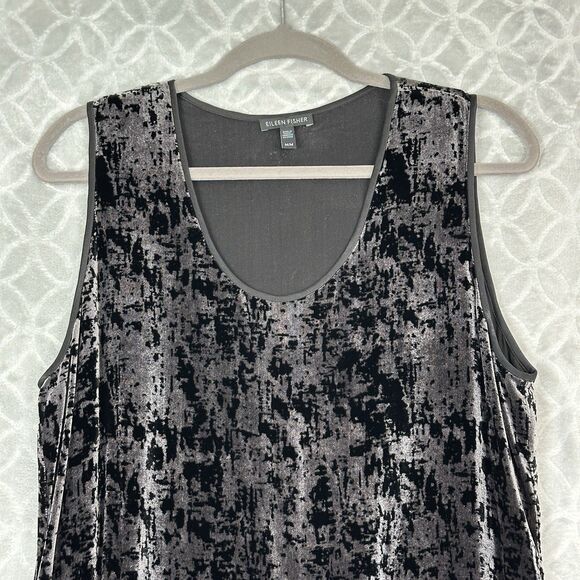 Eileen Fisher Silk Iridescent Velvet U-Neck Dress M Black Gray Marble Sleeveless - Picture 4 of 12
